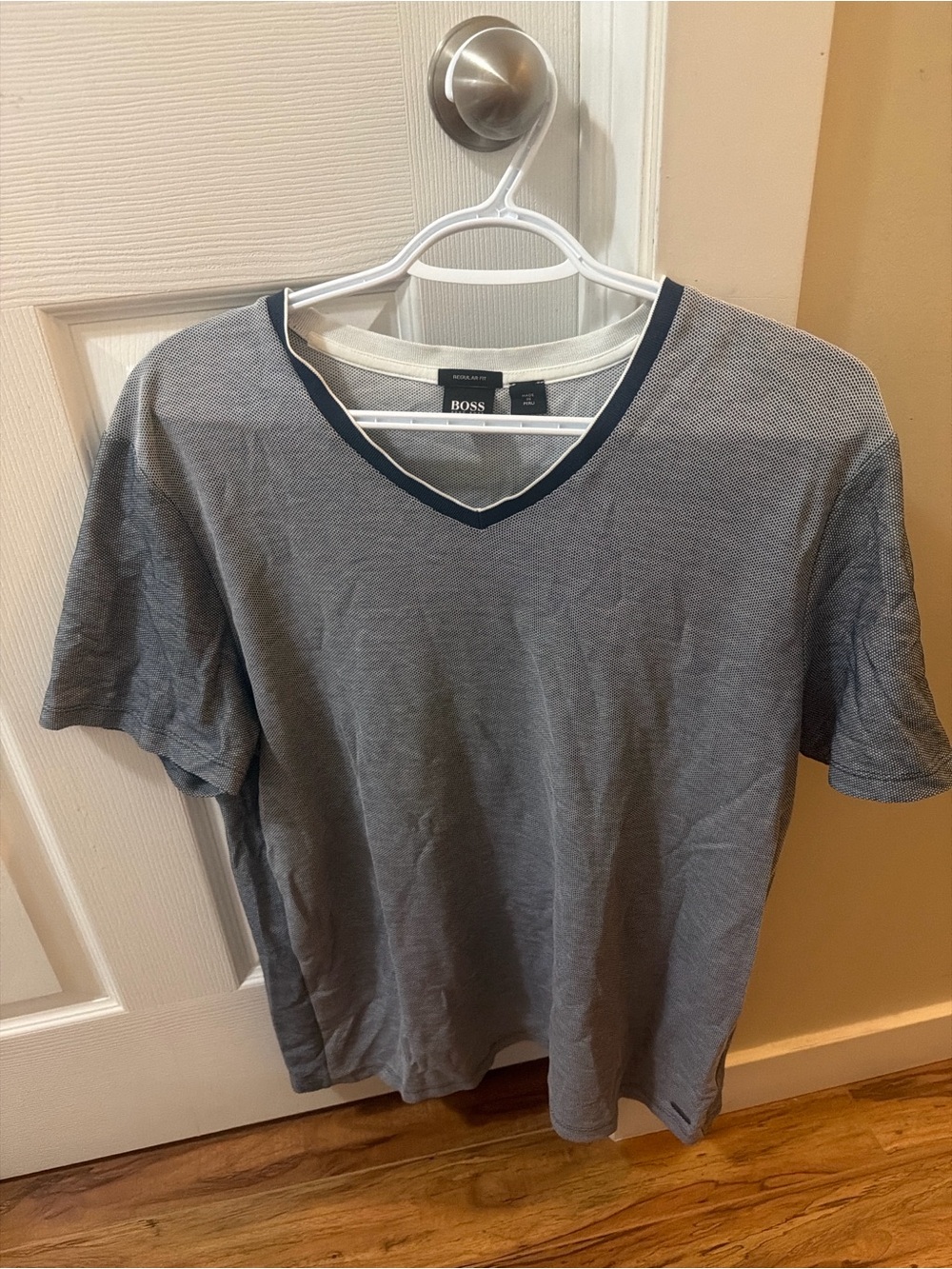BOSS Men's Gray V-Neck Short Sleeve Tee with Navy Trim